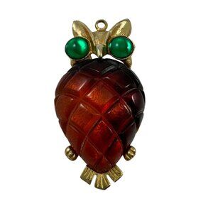 Goldtone Owl Brooch Pin Pendant Carved Faux Amber Jelly Belly Vintage 1970s